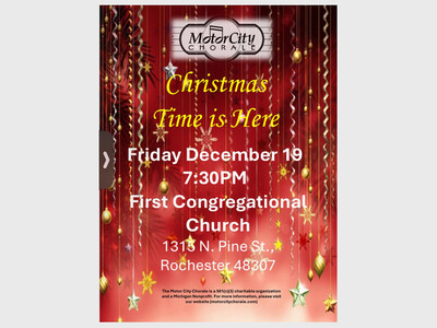 Rochester First Congregational Church, UCC, Presents the Motor City Chorale’s “Christmas Time is Here” Concert